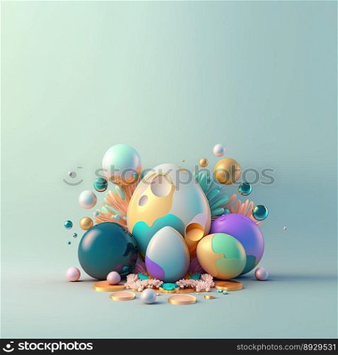 Easter Festive Background with Shiny 3D Eggs and Flowers