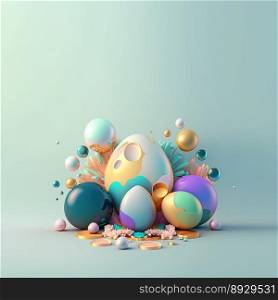 Easter Festive Background with Shiny 3D Eggs and Flowers
