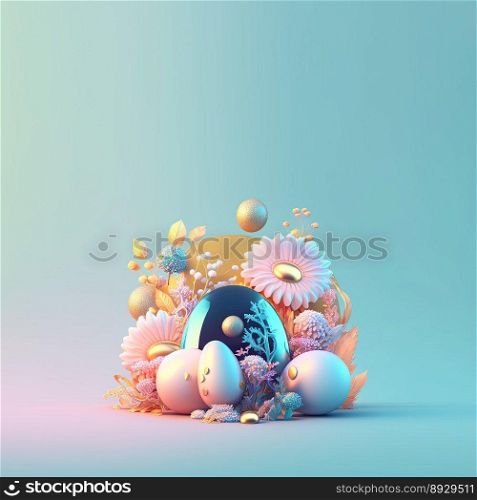 Easter Festive Greeting Card with Copy Space In Glosy 3D Eggs and Flower Ornaments