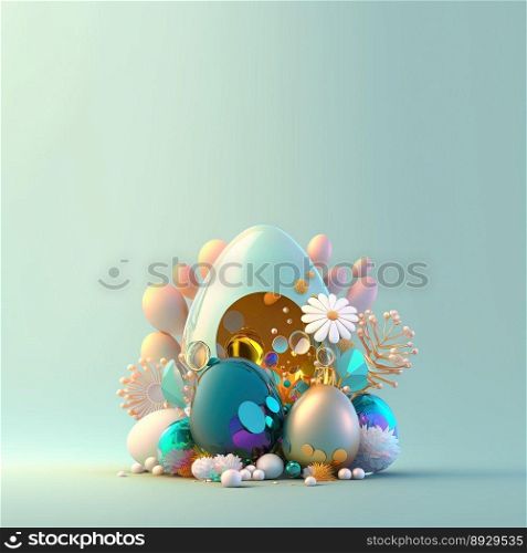 Easter Festive Greeting Card with Glosy 3D Eggs and Flowers