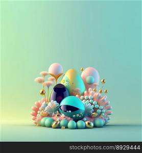 Easter Festive Greeting Card with Shiny 3D Eggs and Flower Ornaments