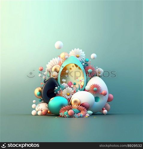 Easter Festive Greeting Card with Shiny 3D Eggs and Flowers