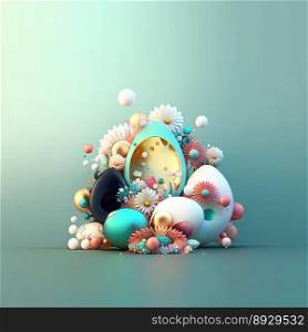 Easter Festive Greeting Card with Shiny 3D Eggs and Flowers
