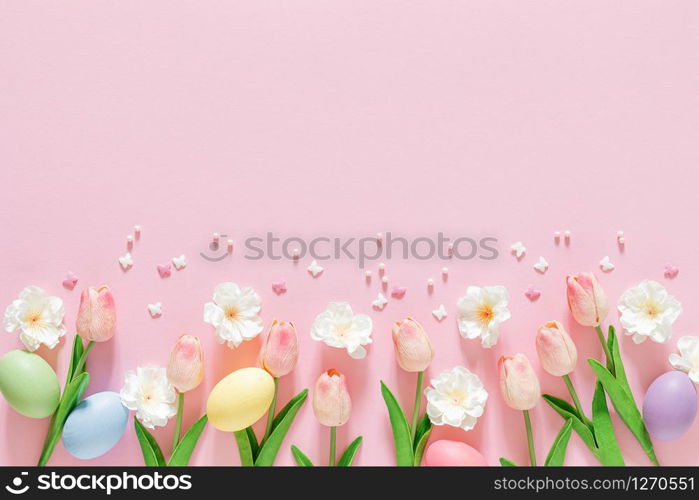 Easter flat lay holiday decorations, festive background or wallpaper, greeting card, top view