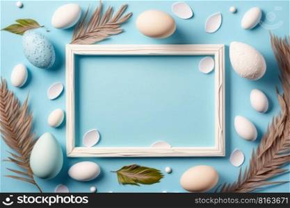 Easter frame with eggs and spring flowers. Floral realistic composition with copy space, digital illustration painting, Generative AI