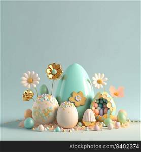 Easter Greeting Background with 3D Easter Eggs and Floral Ornament