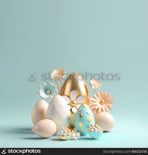 Easter Greeting Background with 3D Easter Eggs and Flower