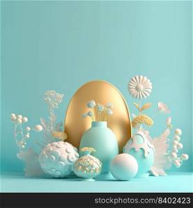 Easter Greeting Background with 3D Easter Eggs and Flower