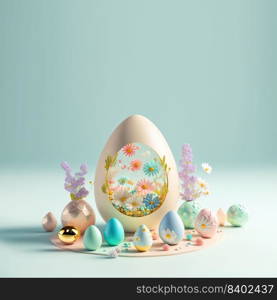 Easter Greeting Background with 3D Easter Eggs and Flower Decoration