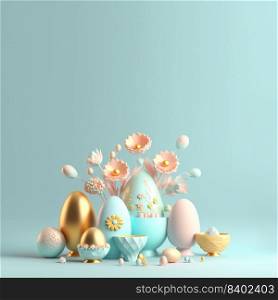 Easter Greeting Background with 3D Easter Eggs and Flower for Promotion