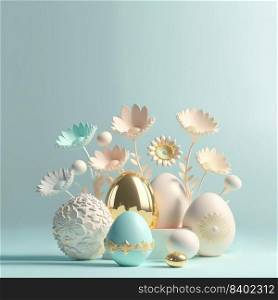 Easter Greeting Background with 3D Render Easter Eggs and Floral