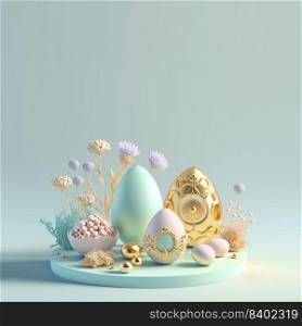 Easter Greeting Background with 3D Render Easter Eggs and Floral Ornament
