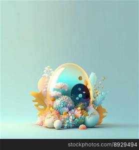 Easter Greeting Card with Copy Space In Glosy 3D Eggs and Flower Ornaments