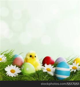 Easter Greeting Card with decorated Easter eggs in the grass and flowers