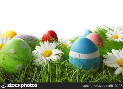 Easter Greeting Card with decorated Easter eggs in the grass and flowers