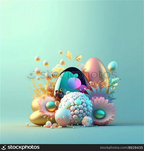 Easter Greeting Card with Glosy 3D Eggs and Flowers