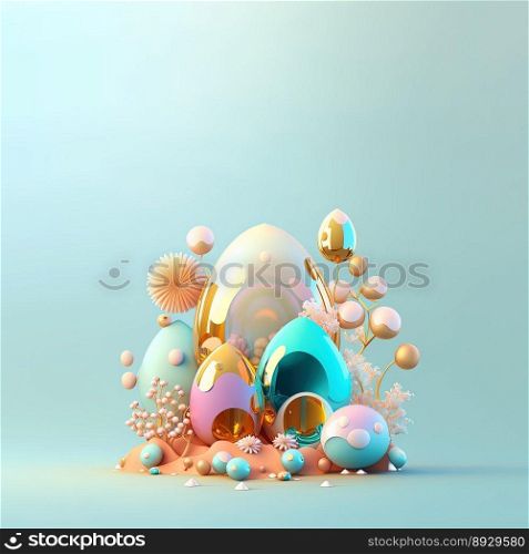 Easter Greeting Card with Shiny 3D Eggs and Flower Ornaments