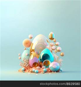 Easter Greeting Card with Shiny 3D Eggs and Flower Ornaments