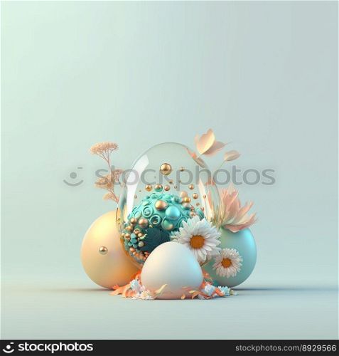 Easter Greeting Card with Shiny 3D Eggs and Flowers