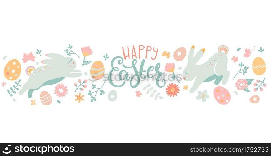 Easter greeting horizontal card, banner. Happy holiday with beautiful painted eggs, bunnies and flowers. Great for posters, invitations, flyers, web, articles. Spring Celebration Design. Vector.. Easter greeting horizontal card, banner.