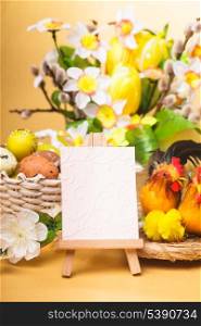 Easter greetings with eggs, flowers and chicken