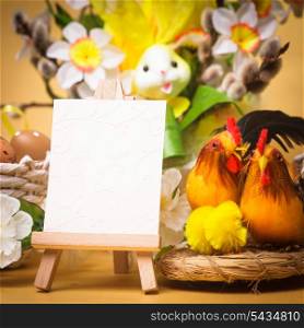 Easter greetings with eggs, flowers and chiken