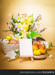 Easter greetings with eggs, flowers and chiken