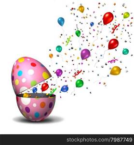 Easter happy celebration party concept as an open easter egg with balloons and festive confetti flying out of the holiday symbol.