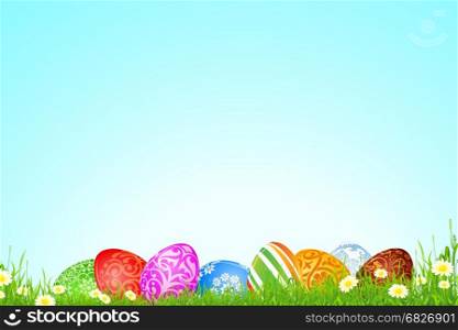 Easter Holiday Background. Easter Background with Flowers Grass and Eggs