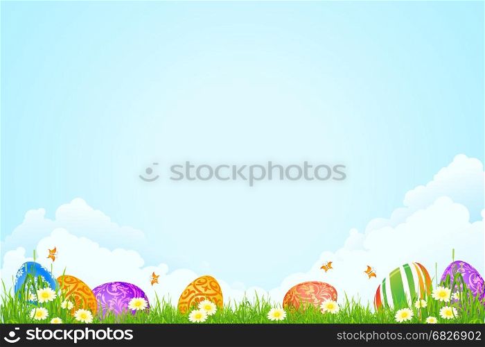 Easter Holiday Background. Easter Background with Flowers Grass and Eggs