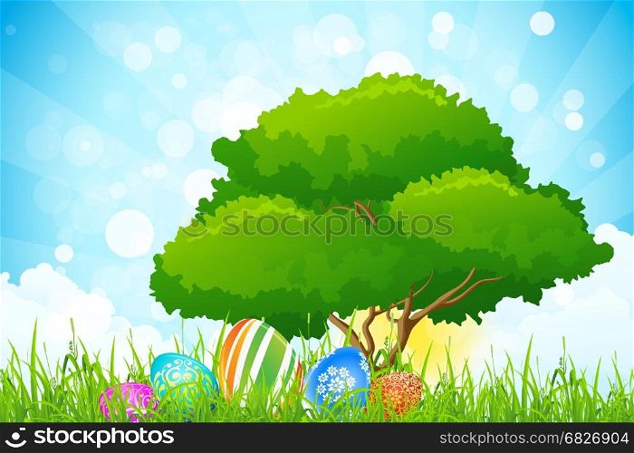 Easter Holiday Background. Easter Background with Flowers Grass Eggs and Tree