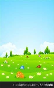 Easter Holiday Background. Easter Background with Flowers Grass Eggs and Trees