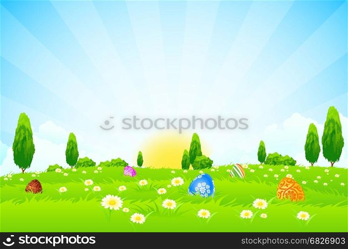 Easter Holiday Background. Easter Background with Flowers Grass Eggs and Trees