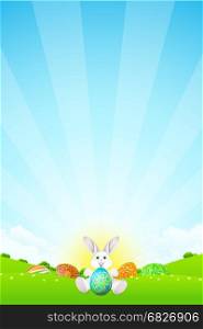 Easter Holiday Background. Easter Background with Grass Eggs and Rabbit