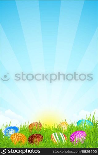 Easter Holiday Background. Easter Background with Sun Grass and Eggs