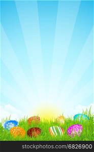 Easter Holiday Background. Easter Background with Sun Grass and Eggs