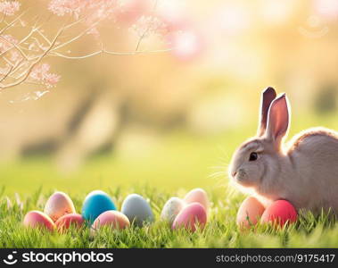 Easter holiday background idea Easter bunny on a flower-filled field. Generative AI.