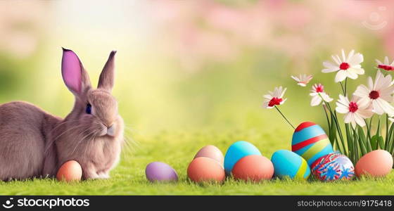Easter holiday background idea Easter bunny on a flower-filled field. Generative AI.