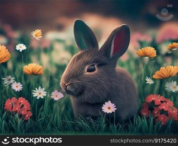 Easter holiday background idea Easter bunny on a flower-filled field. Generative AI.