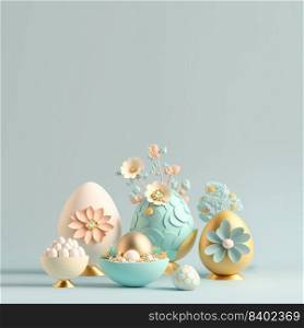Easter Holiday Background with 3D Easter Eggs and Floral