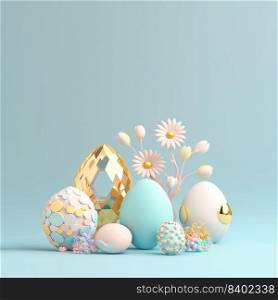 Easter Holiday Background with 3D Easter Eggs and Floral for Promotion
