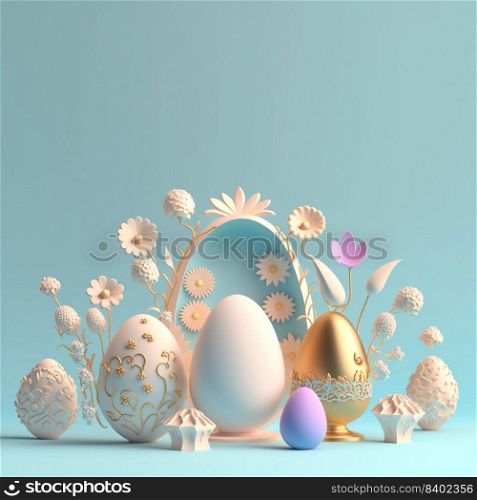 Easter Holiday Background with 3D Easter Eggs and Floral for Promotion