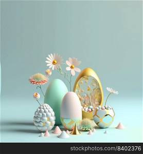 Easter Holiday Background with 3D Easter Eggs and Floral Ornament