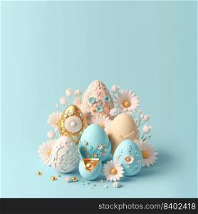 Easter Holiday Background with 3D Easter Eggs and Flower