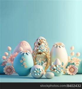 Easter Holiday Background with 3D Easter Eggs and Flower Ornament