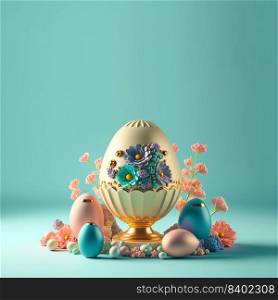 Easter Holiday Background with 3D Render Easter Eggs and Floral