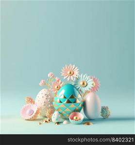 Easter Holiday Background with 3D Render Easter Eggs and Floral Ornament