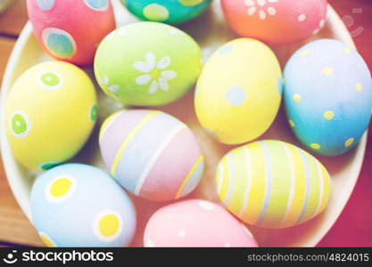 easter, holidays, tradition and object concept - close up of colored easter eggs on plate