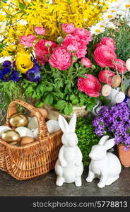 easter home interior decoration with spring fresh flowers and blossoms