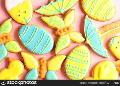 Easter homemade gingerbread cookie over pink